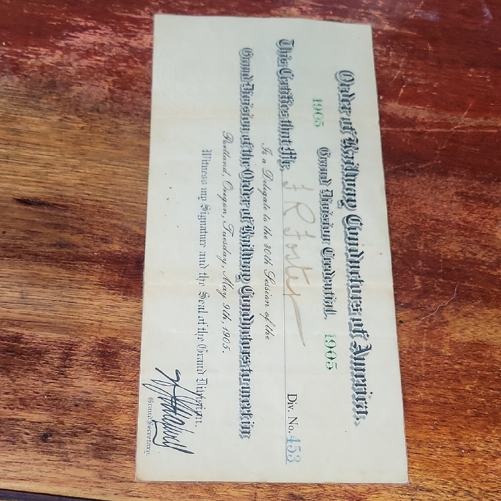 1905 Order of Railway Conductors of America Certificate
